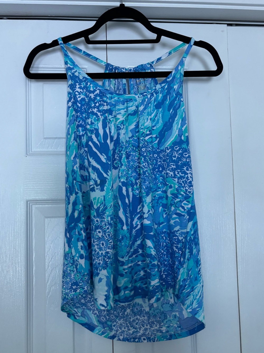Lilly Pulitzer Lacy Tank Top in "Hey Hey Soleil/Blue Haven” print.